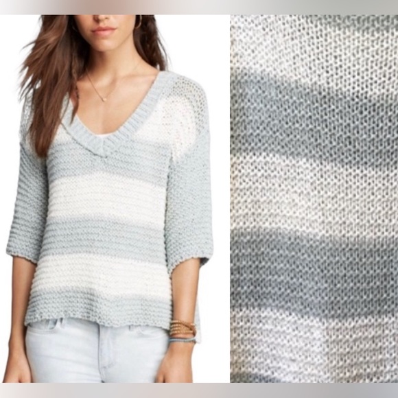 Free People Sweater Size Large Striped Knit 3/4 Sleeves V-Neck Loose Knit - Picture 1 of 10